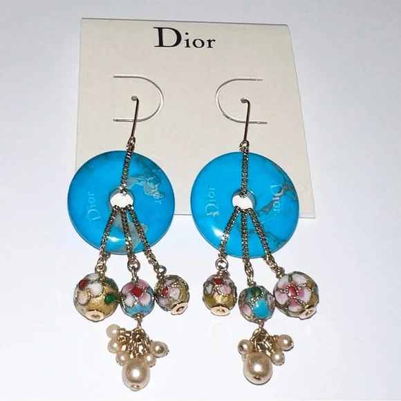 AUTH VTG 2006 Christian Dior Gold Hook Drop Dangle Blue Gemstone Boho Earrings - Picture 9 of 11